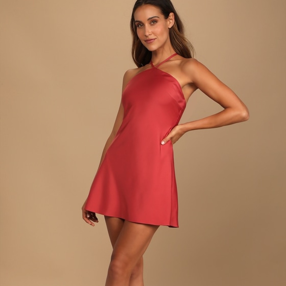 Lulus Rooftop Party Dusty Red Satin Halter Mini Dress - Size S